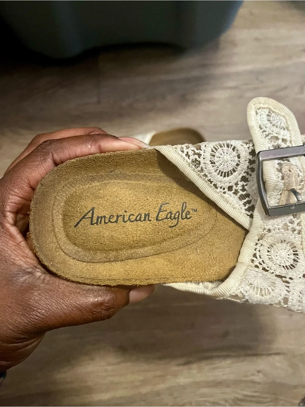 American Eagle Outfitters Cream Lace Crochet Double-Buckle Slide Sandals